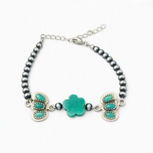Turquoise Flower  Bracelet Silver Desert Bead Adjustable Chain Boho Jewelry